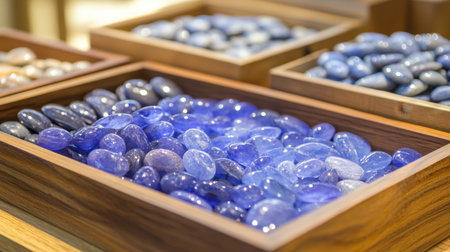 A stunning collection of vibrant blue decorative stones displayed in a wooden box, perfect for home decor or crafting projects. These smooth pebbles add beauty and sophistication to any setting, showcasing nature's artistry in vibrant hues.の素材