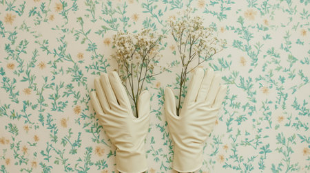 Soft cream gloves hold delicate baby's breath flowers against a charming floral background, evoking a sense of tranquility and nature-inspired beauty.の素材