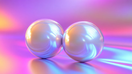 Two glossy spheres sit close together against a mesmerizing gradient backdrop, creating an eye-catching visual element perfect for modern design projects.の素材