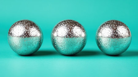 Three shiny silver balls are displayed in a row against a vibrant turquoise background, showcasing reflections and subtle textures for artistic inspiration.の素材