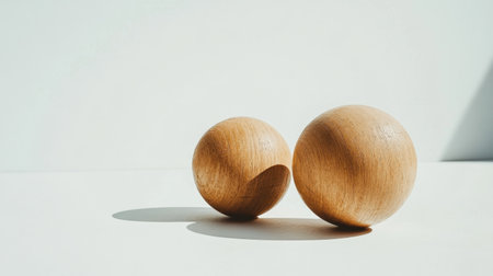 A pair of beautifully crafted wooden spheres resting on a white surface, showcasing minimalist design and soft shadows, perfect for home decor inspiration.の素材