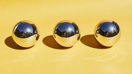 A captivating image featuring three reflective metallic spheres placed on a vibrant yellow surface, showcasing stunning reflections and soft shadows.の素材
