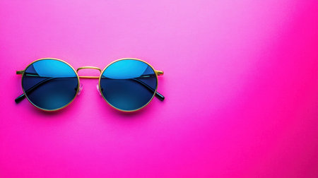 A pair of stylish round sunglasses with blue lenses and a gold frame rests on a vibrant pink background, showcasing modern fashion and summer vibes.の素材
