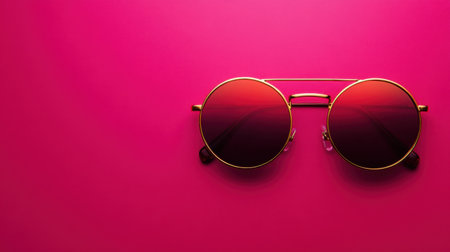 This image features stylish round sunglasses with reflective lenses, set against a vibrant pink background, perfect for summer fashion campaigns or lifestyle blogs.の素材