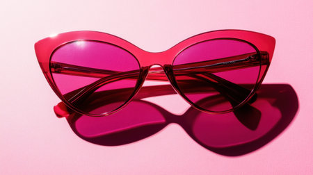 A pair of fashionable cat-eye sunglasses featuring striking pink lenses resting on a bright pink background, perfect for summer outfits and trendy aesthetics.の素材