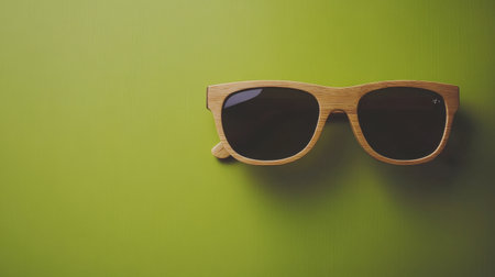 This image showcases a pair of stylish bamboo sunglasses resting on a vibrant green background, representing eco-friendly fashion choices for the modern individual.の素材