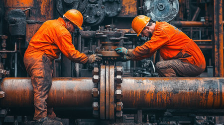 Two skilled workers in orange overalls and helmets conduct maintenance on a large industrial pipeline. The scene highlights collaborative efforts in a heavy machinery environment.の素材