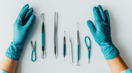 A set of essential dental tools and instruments for professional procedures is displayed neatly on a table, highlighting the importance of hygiene and precision in care.の素材