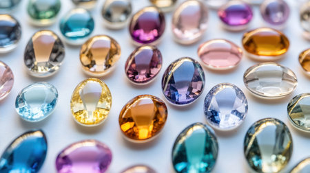 A stunning assortment of colorful gemstone cabochons arranged artistically on a white surface, perfect for jewelry making and creative crafting projects.の素材