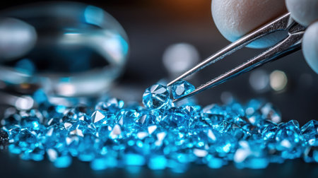 A close-up view of a hand delicately holding tweezers with a glimmering blue diamond against a dark background, highlighting its beauty and craftsmanship.の素材