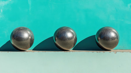 This image showcases three shiny metallic spheres aligned against a vibrant turquoise backdrop, creating a striking modern aesthetic. The play of light and shadows adds depth and visual interest.の素材