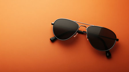 A pair of stylish black sunglasses rests on a vibrant orange background. The sleek design and dark lenses make them an ideal accessory for sun-filled days.の素材