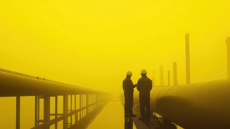 Two workers in safety helmets engage in a discussion in a yellow-tinted industrial environment. The scene features pipes and structures that create a unique atmosphere.の素材