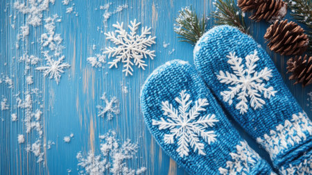A pair of cozy blue mittens decorated with snowflake patterns rests against a wooden background, surrounded by pinecones and artificial snow, capturing winter charm.の素材