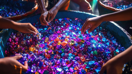 A captivating scene featuring hands sorting through a colorful assortment of vibrant gemstones in a large blue basin, highlighting artistic engagement.の素材