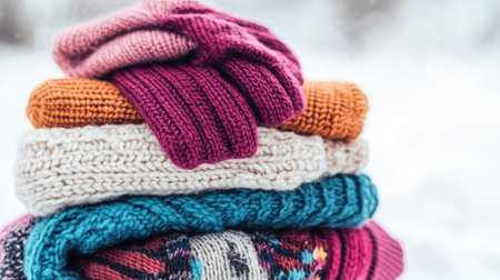 A vibrant array of cozy knitted sweaters showcased in a stacked formation against a snowy backdrop, perfect for winter fashion ideas and warmth.の素材