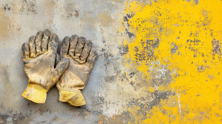 This image showcases a pair of dirty work gloves placed against a grungy wall featuring vibrant yellow paint. The worn texture symbolizes labor and manual work.の素材