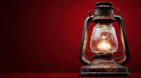 A vintage lantern rests against a rich red backdrop, casting a soft warm glow. The rustic charm and antique details evoke nostalgia and warmth, ideal for various creative projects.の素材