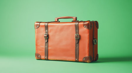 A vintage leather suitcase in a lovely orange tone set against a bright green background. Perfect for evoking themes of travel, adventure, and nostalgia.の素材