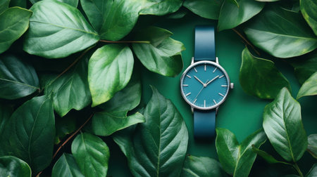 A stunning blue watch elegantly placed among lush green leaves, showcasing a harmonious blend of nature and style, perfect for timepiece lovers.の素材
