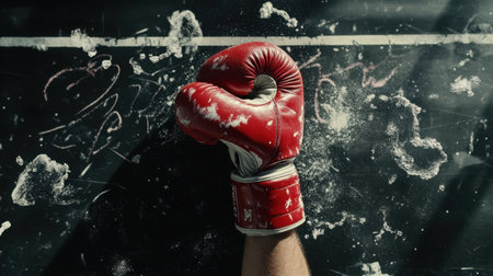 A striking image of a red boxing glove delivering a powerful punch against a wall, creating a cloud of chalk dust, symbolizing determination and athletic spirit.の素材