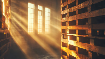 A captivating scene showing sunlight streaming through large windows in an abandoned warehouse, illuminating wooden pallets and creating a serene atmosphere.の素材