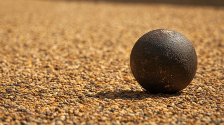 A close-up view of a black metal ball resting on a textured ground, showcasing natural lighting and shadow effects that enhance the scene's simplicity.の素材