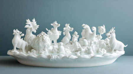 This captivating arrangement features delicate white ceramic figurines of animals and nature elements, set against a calming blue background, showcasing exquisite craftsmanship.の素材