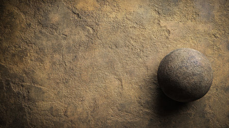 This image features a textured stone wall complemented by a round sphere that creates a striking contrast. The earthy tones and minimalistic design evoke a sense of tranquility and elegance, making it suitable for various creative projects.の素材