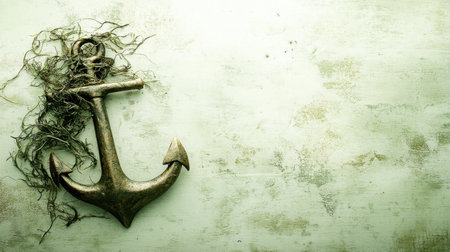 This image features a vintage anchor intertwined with seaweed, set against a textured green background, perfect for nautical-themed projects or decor.の素材