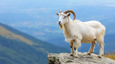 A stunning white goat stands proudly on a rocky ledge, overlooking a lush mountainous landscape, embodying the essence of wildlife in a serene environment.の素材