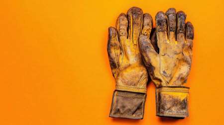 A pair of worn and dirty work gloves displayed against a bright orange background, illustrating the rugged nature of hands-on labor and craftsmanship.の素材
