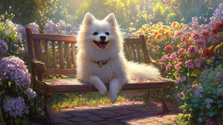 A cheerful white dog sits comfortably on a bench, surrounded by blooming flowers in a sunlit garden. The scene captures nature's beauty and tranquility.の素材