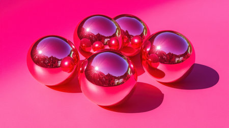 A stunning arrangement of bright red balls showcases their reflective surfaces against a vibrant pink backdrop, creating a captivating modern art piece.の素材