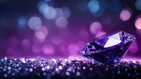 A stunning purple diamond rests on a sparkling surface, surrounded by a captivating bokeh of vivid colors, embodying luxury and elegance in design.の素材