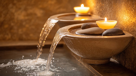 A calming water feature with gentle flowing water and flickering candlelight, perfect for creating a relaxing atmosphere in any spa or wellness setting.の素材