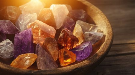 A stunning collection of colorful gemstones and crystals arranged in a wooden bowl. The warm light enhances the natural beauty, creating a serene atmosphere.の素材