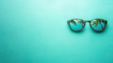 Enjoy a stylish pair of sunglasses with palm tree reflections set against a vibrant turquoise background, perfect for showcasing summer vibes and fashion.の素材