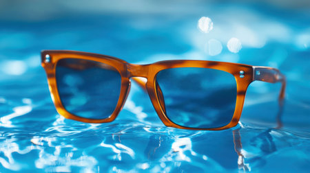 A pair of stylish brown sunglasses rests on a shimmering blue swimming pool surface, capturing the essence of summer fun and relaxation under the warm sun.の素材