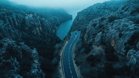Discover the beauty of a tranquil river nestled between rugged mountains, with a winding road leading through a serene, foggy landscape.の素材