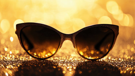 A striking pair of cat-eye sunglasses rests atop a sparkling background, embodying luxury and glamour in a stylish and modern design perfect for summer fashion.の素材