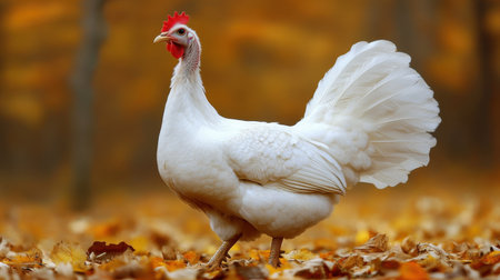 A stunning white chicken stands proudly amidst vibrant autumn leaves in a tranquil forest, capturing the essence of rural beauty and serene wildlife.の素材