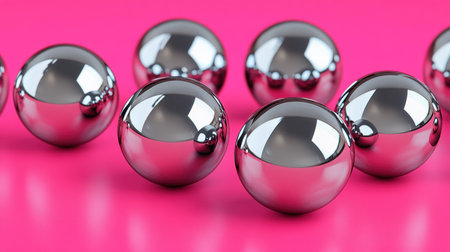 A captivating arrangement of shiny metallic spheres resting on a vibrant pink surface, showcasing reflections and creating a striking visual impact.の素材