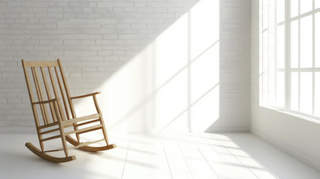 A wooden rocking chair is positioned in a bright, minimalistic room. Soft sunlight streams through a large window, creating an inviting and warm atmosphere.の素材