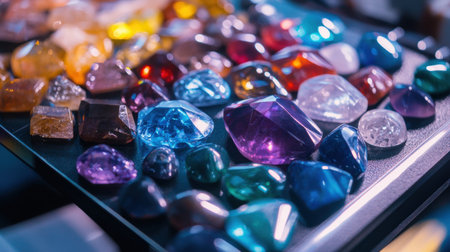 An exquisite assortment of uncut gemstones showcasing a vibrant array of colors and textures under studio lighting, perfect for crafting and design.の素材