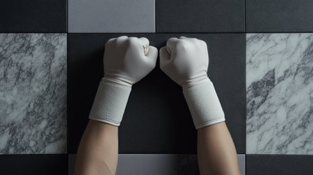 This image features a top-down view of gloved hands in a fierce pose against a stylish marble and matte black background, symbolizing strength and readiness.の素材