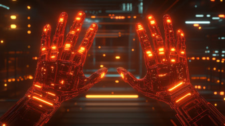 Close-up view of futuristic robot hands adorned with glowing elements, set in a high-tech digital environment, representing advanced robotics and technology.の素材