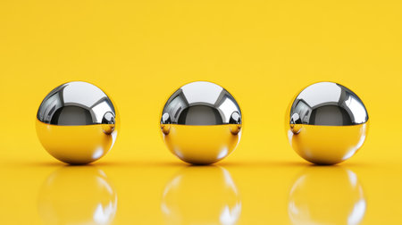 This image features three polished metallic spheres positioned on a vibrant yellow surface, creating a striking reflection and showcasing minimalist design.の素材