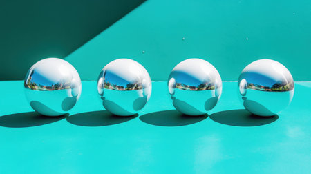 A captivating arrangement of shiny reflective spheres set against a vibrant teal background, showcasing interplay of light and shadow.の素材