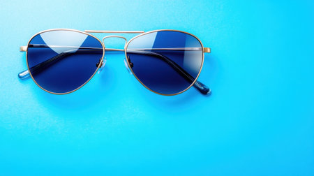 This image showcases stylish sunglasses resting on a vibrant blue background, perfect for capturing summer vibes and fashion accessory themes.の素材